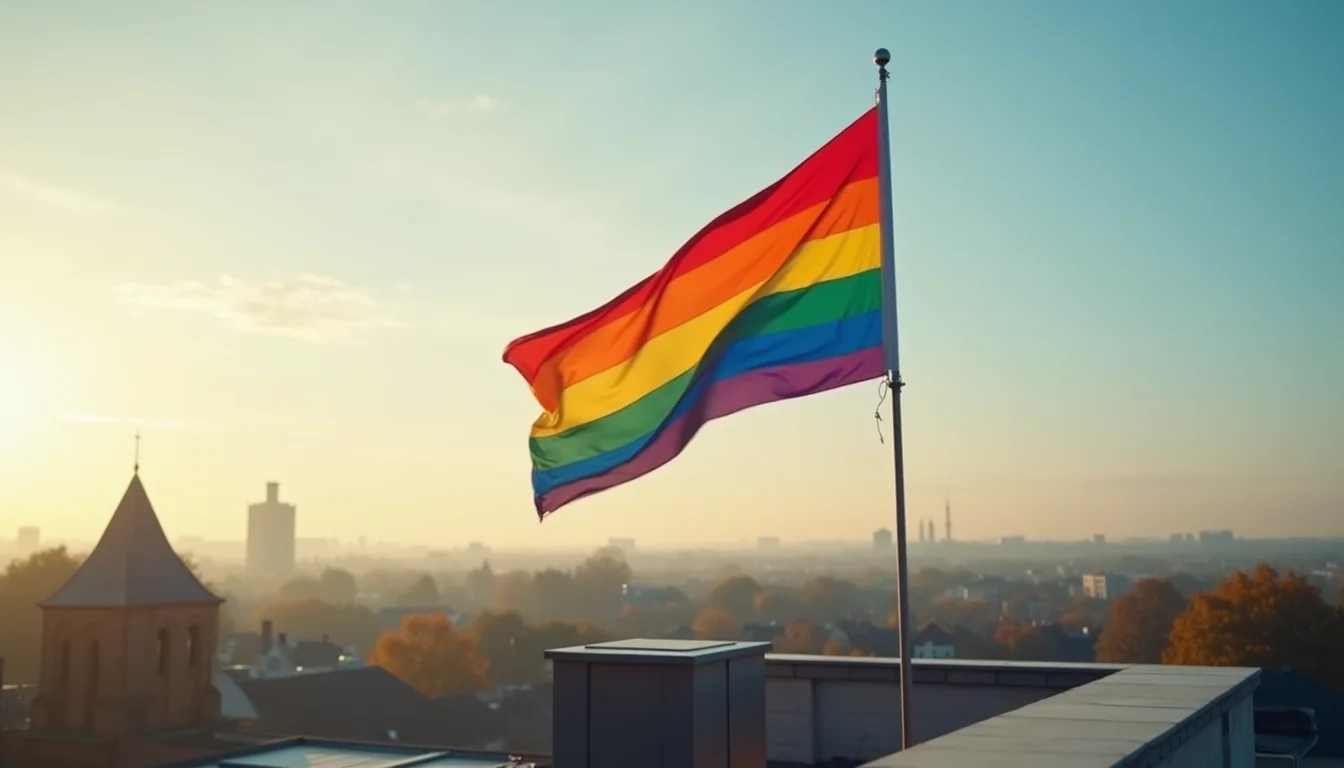 grand drapeau arc-en-ciel flottant sur un toit dans le ciel matinal a Strasbourg
