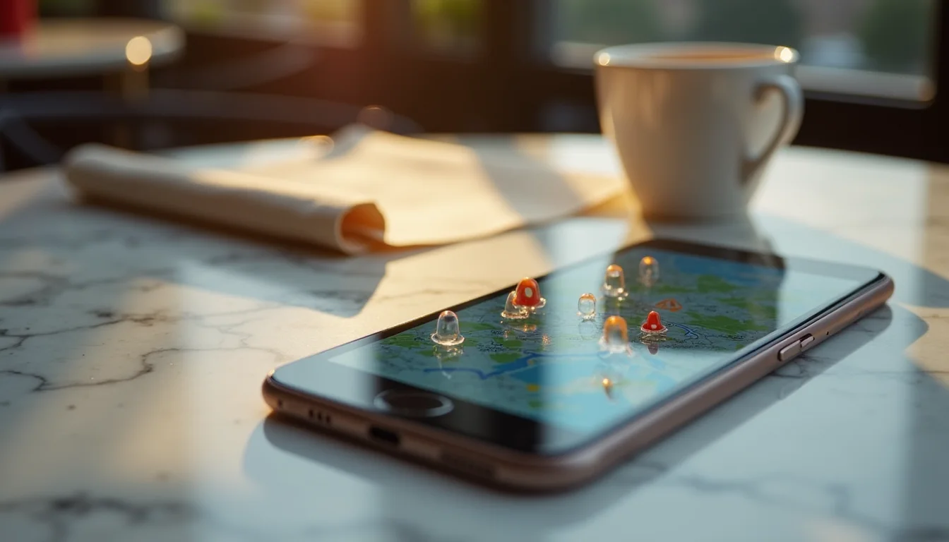 smartphone aux épingles de carte sur une table de café ensoleillée a Strasbourg