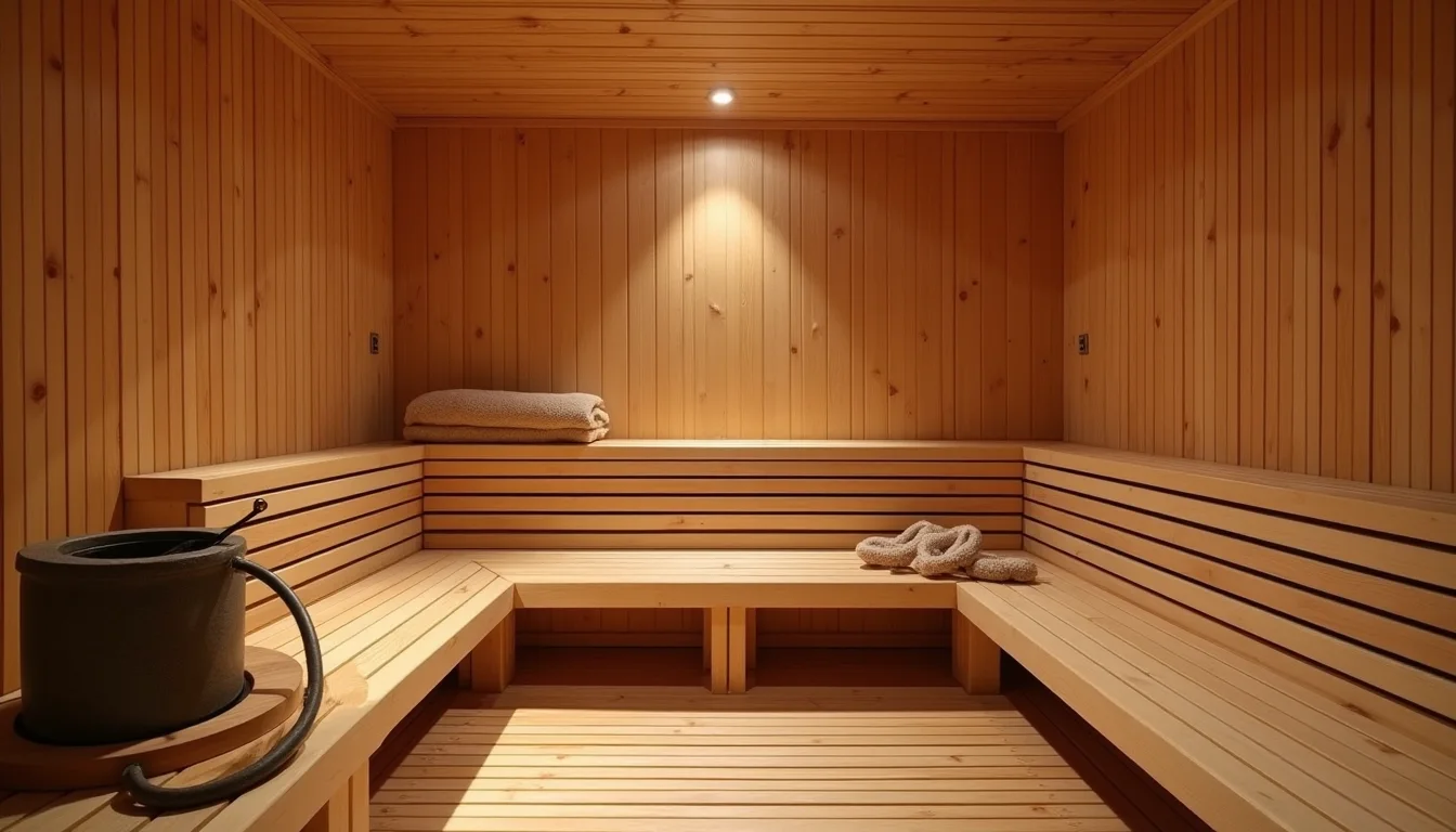 intérieur de sauna en cèdre, bancs de bois lisse et louche sur poêle de pierre a Strasbourg