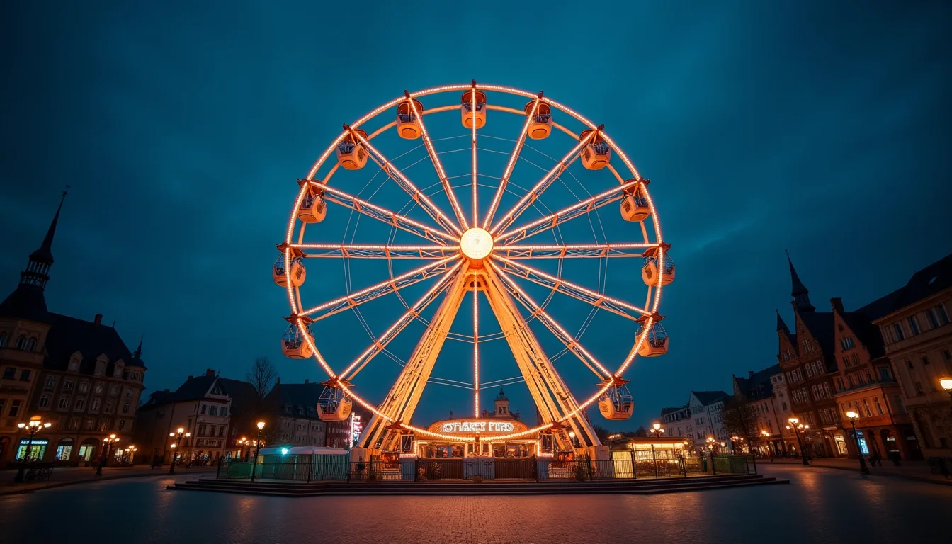 grande roue illuminée contre un ciel nocturne bleu profond a Strasbourg