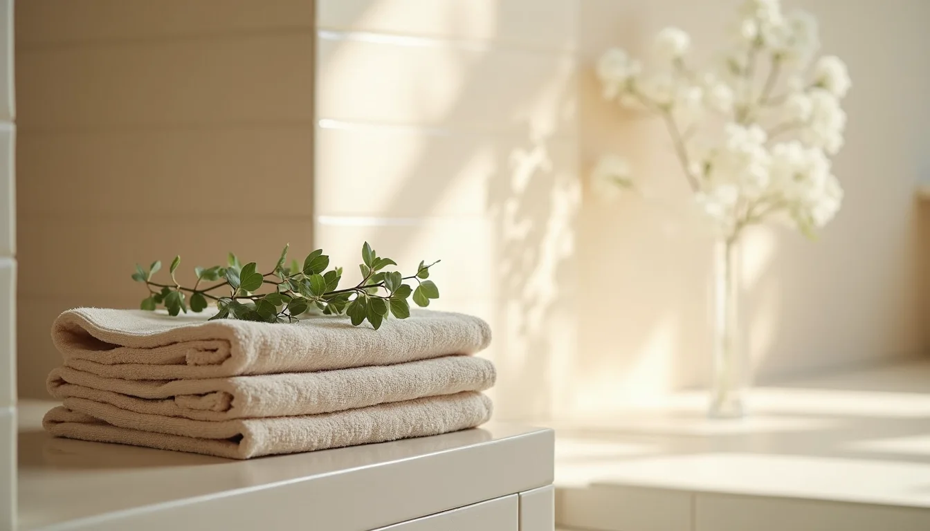 pile de serviettes de spa garnie d'eucalyptus sur un rebord carrelé clair a Strasbourg