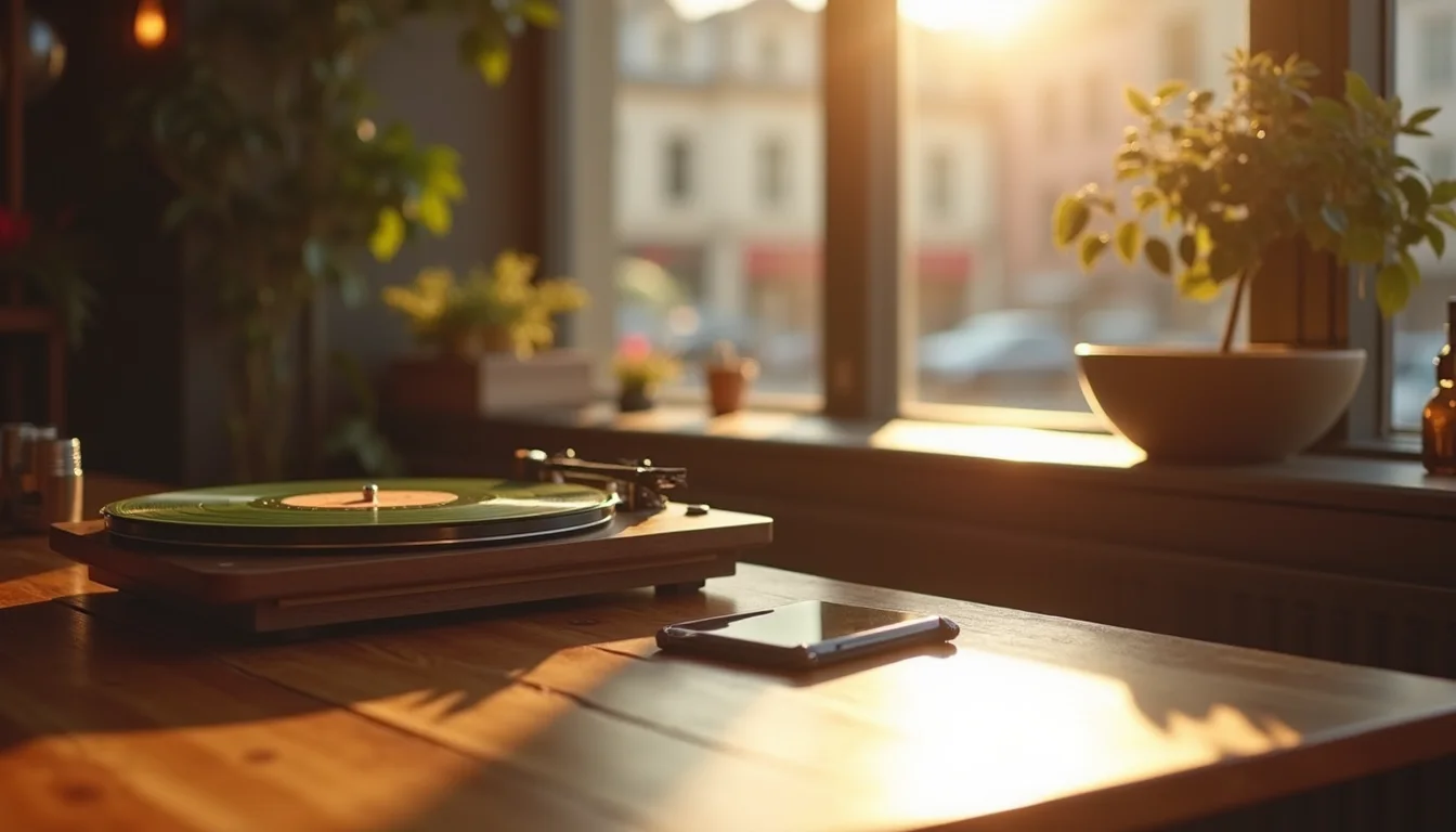 tourne-disque et smartphone sur une table de cafe ensoleillee a Strasbourg