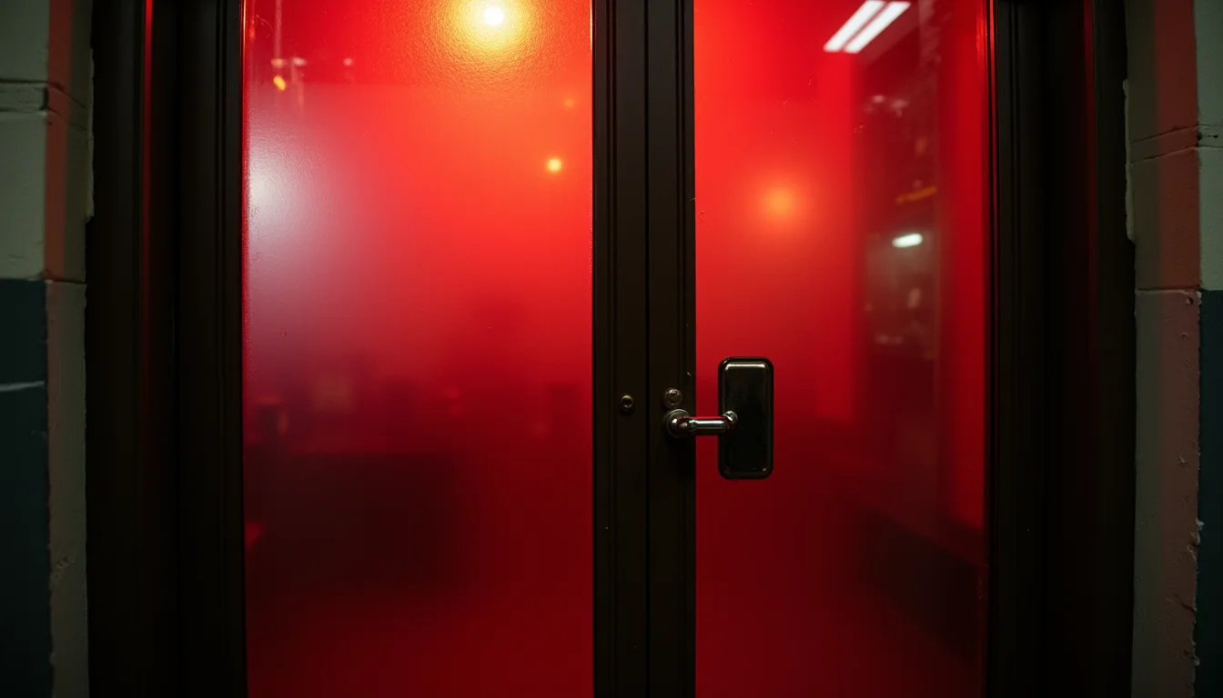 porte de speakeasy en verre dépoli avec judas coulissant, lueur rouge feutrée a Strasbourg