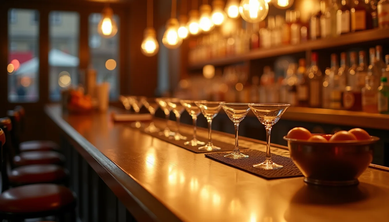 comptoir a cocktails en laiton avec verres et agrumes au crepuscule a Strasbourg