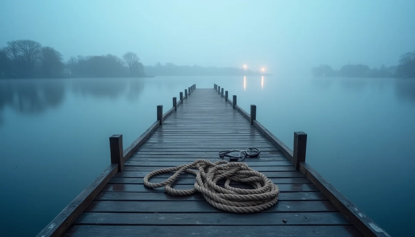 ponton en bois au-dessus d une eau calme, corde d amarrage à l aube a Strasbourg
