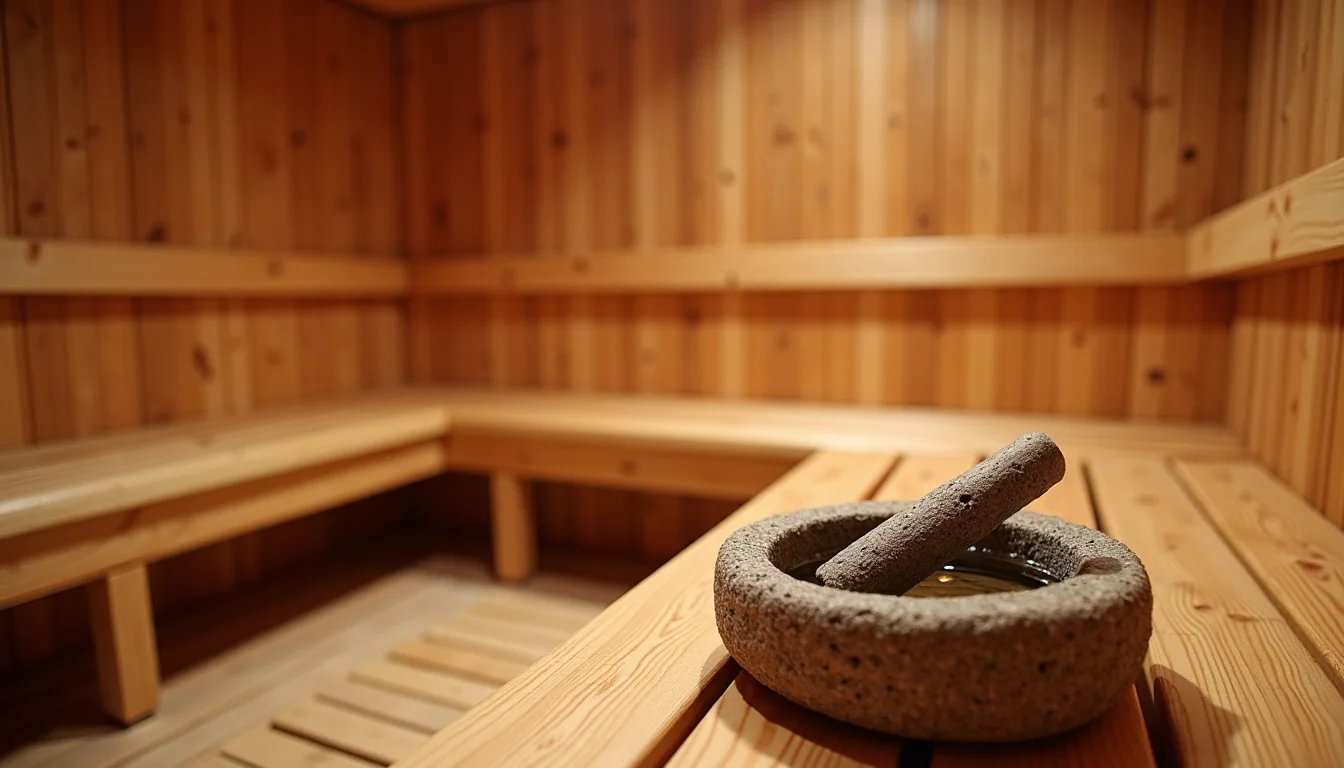 intérieur de sauna en cèdre, bancs de bois lisse et louche sur poêle de pierre a Strasbourg