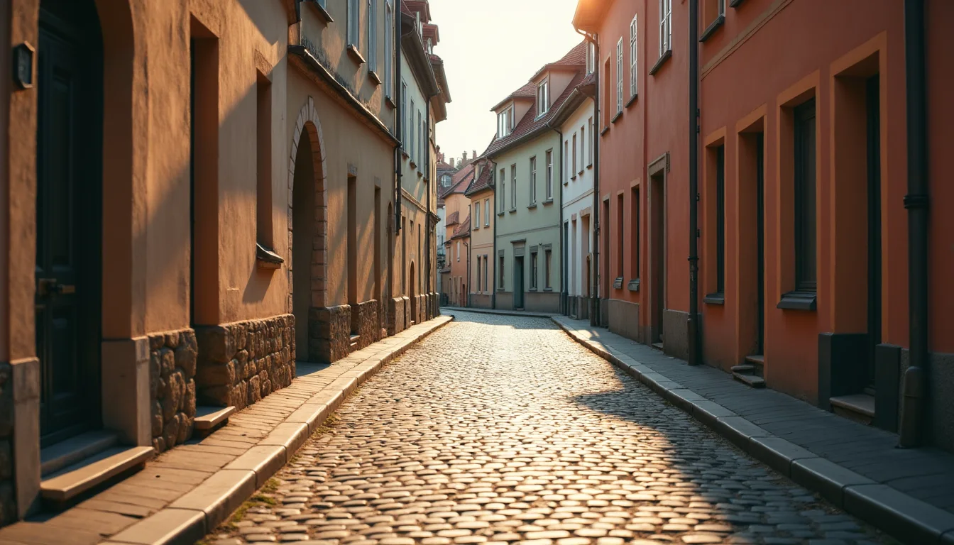 rue paveee bordee de facades pastel, lumiere doree du soir a Strasbourg