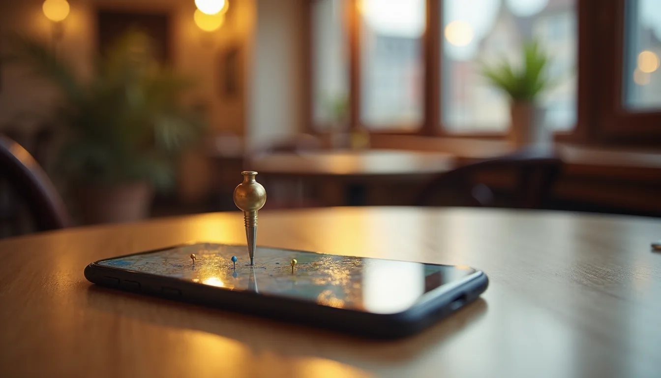 épingle de carte en laiton sur un smartphone aux épingles de carte, table de café a Strasbourg