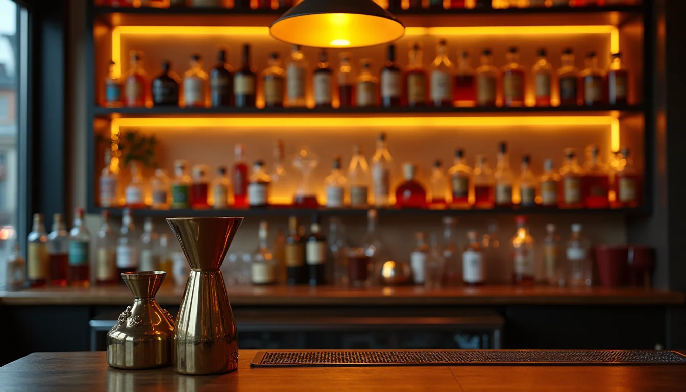 étagère de bar à cocktails en laiton, lueur chaude d'une lampe au crépuscule a Strasbourg