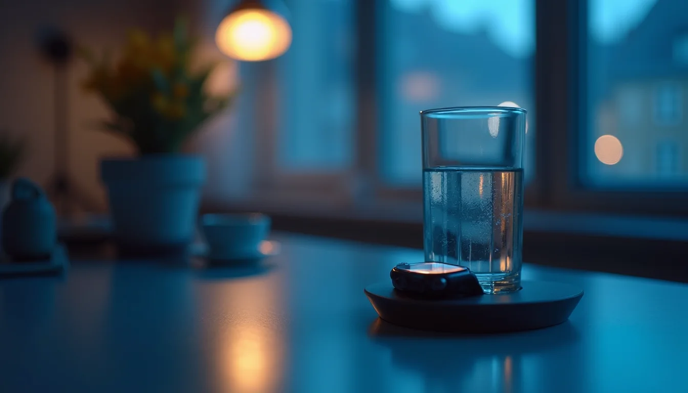 montre connectée sur son socle de charge près d'un verre d'eau, lumière bleutée a Strasbourg