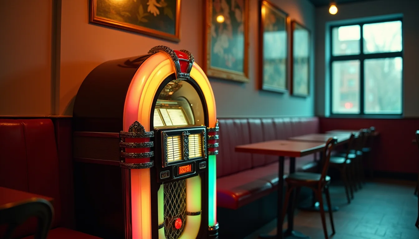juke-box vintage à arc chromé, panneaux colorés dans un coin tamisé a Strasbourg