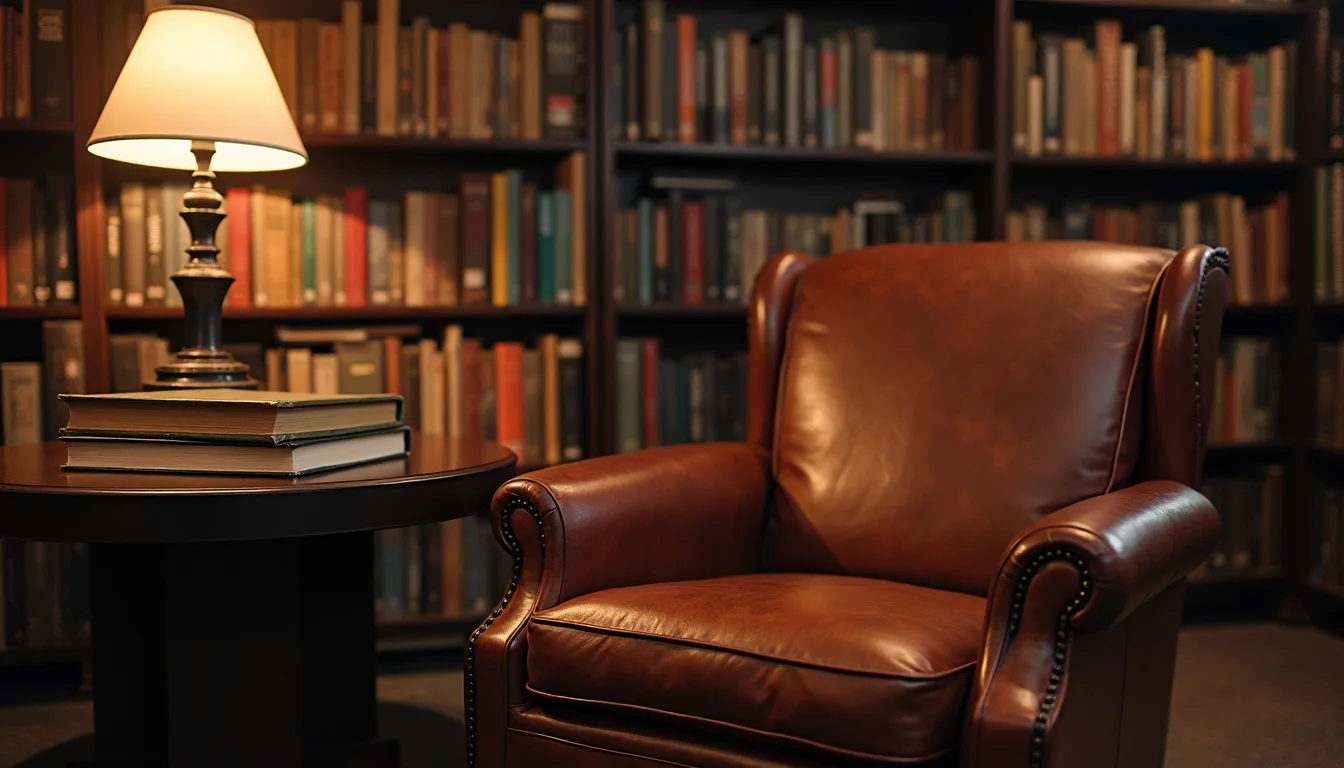 coin lecture de bibliothèque, fauteuil en cuir et pile de livres a Strasbourg