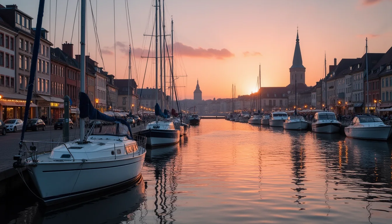quai de port au crépuscule, voiliers amarrés et reflets sur l'eau calme a Strasbourg