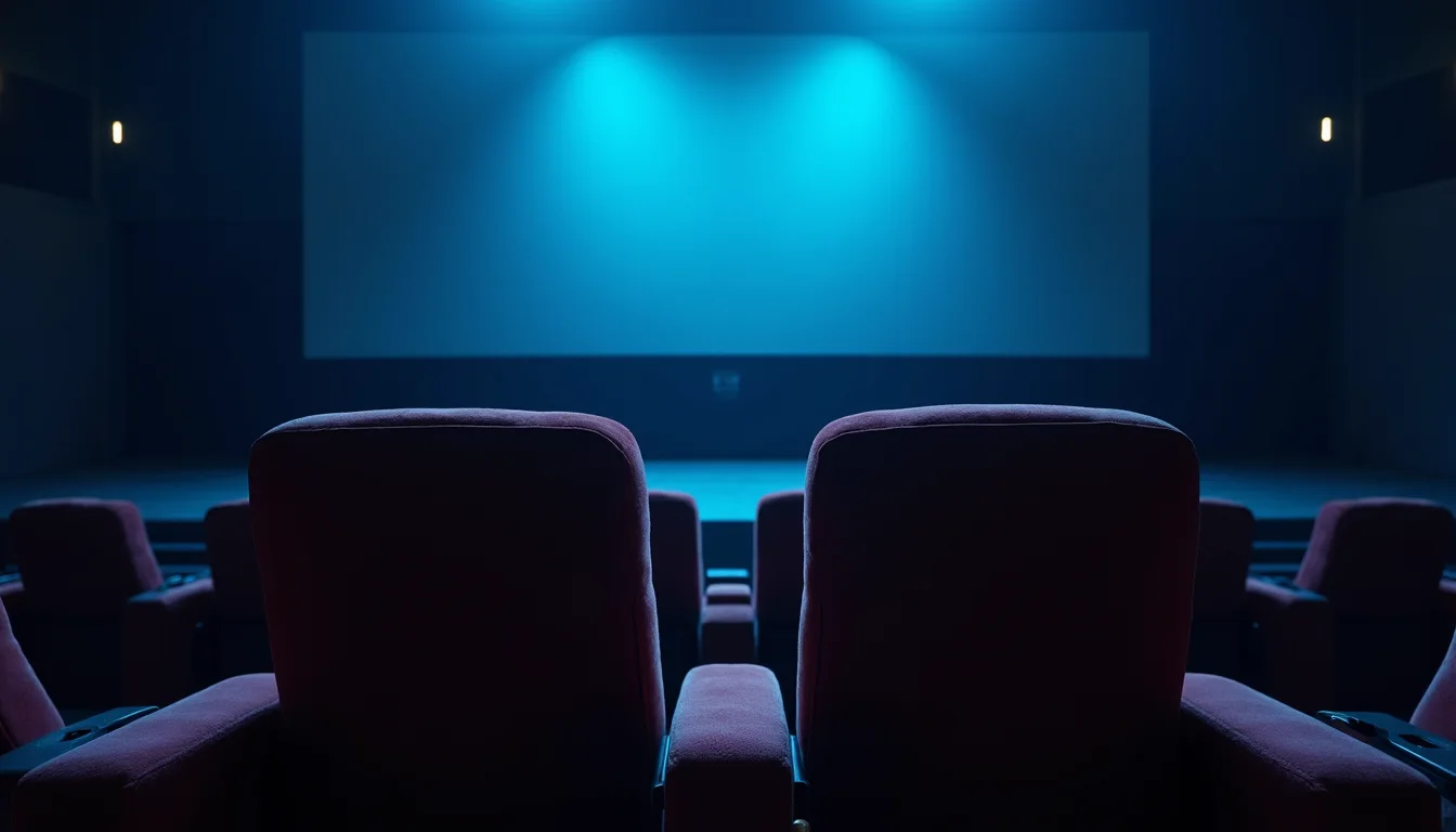 deux fauteuils de cinéma en velours face à la lueur bleue de l'écran a Strasbourg