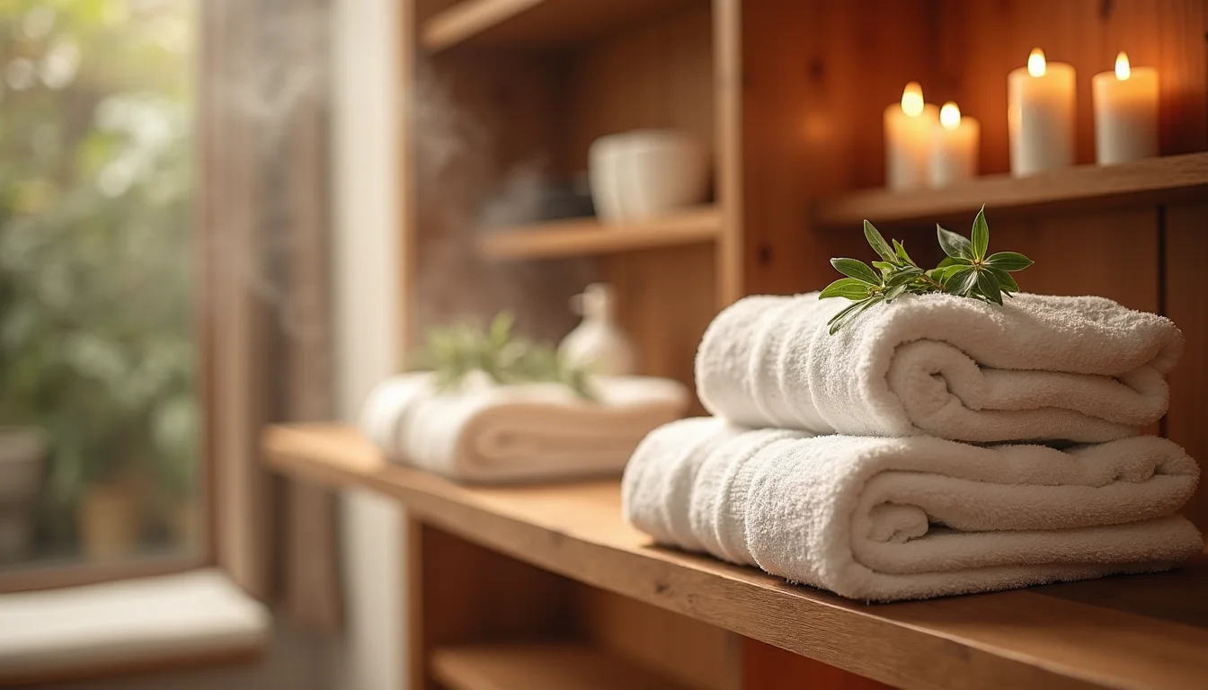 serviettes de spa empilées, eucalyptus et deux peignoirs sur une étagère a Strasbourg