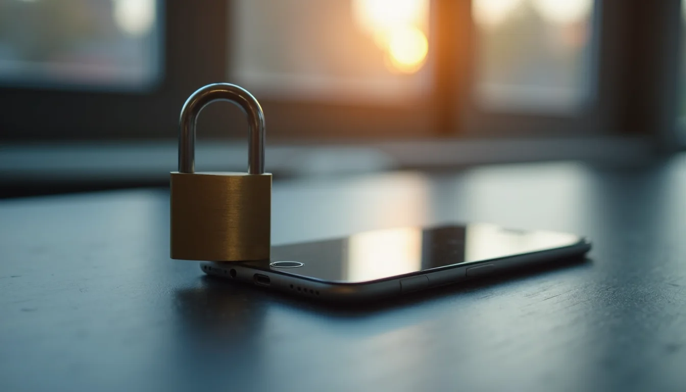 cadenas en acier brossé fermé sur un smartphone face cachée sur ardoise a Strasbourg