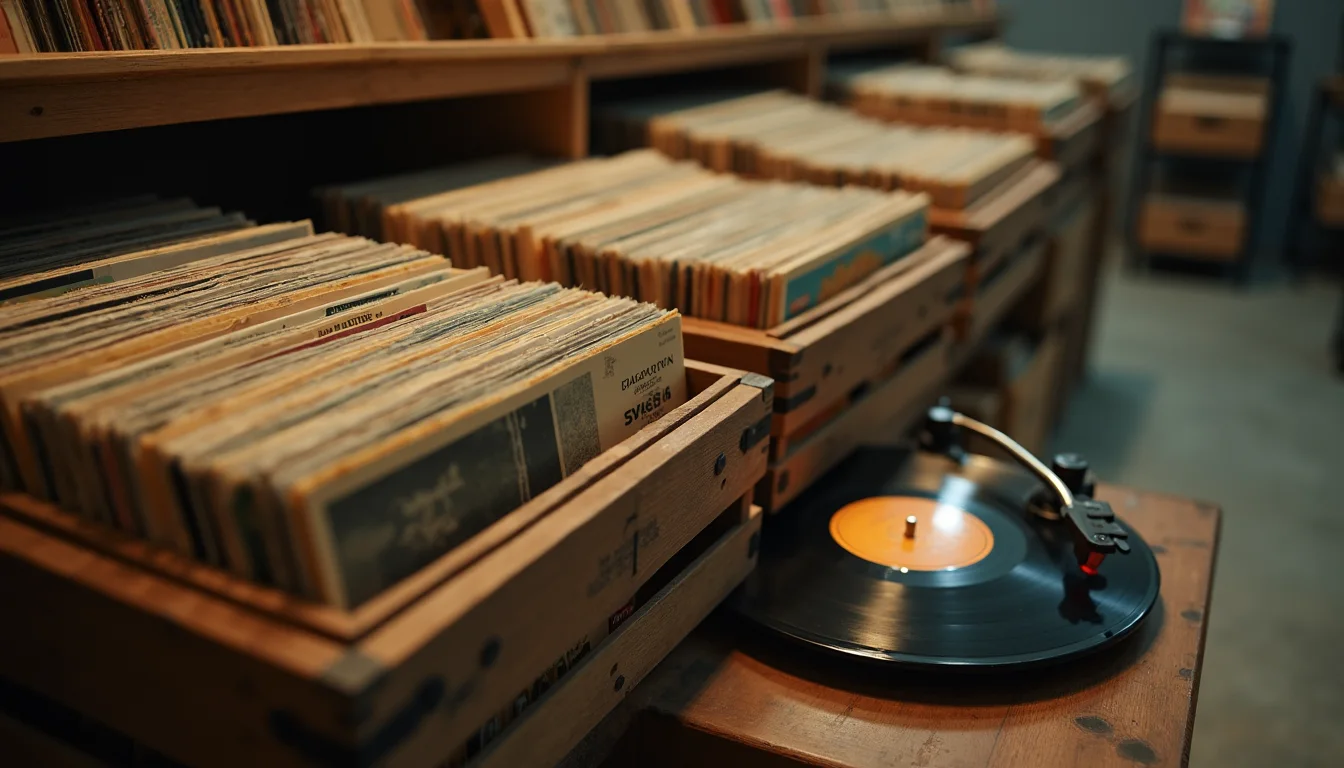 bacs de disques en bois et platine, lumière chaude sur les pochettes a Strasbourg