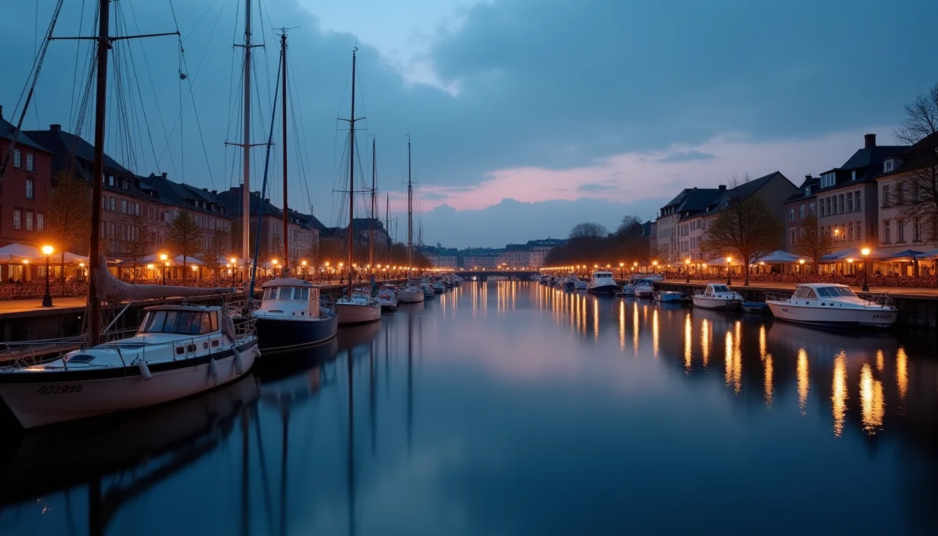 port au crépuscule, bateaux amarrés et lanternes reflétées a Strasbourg