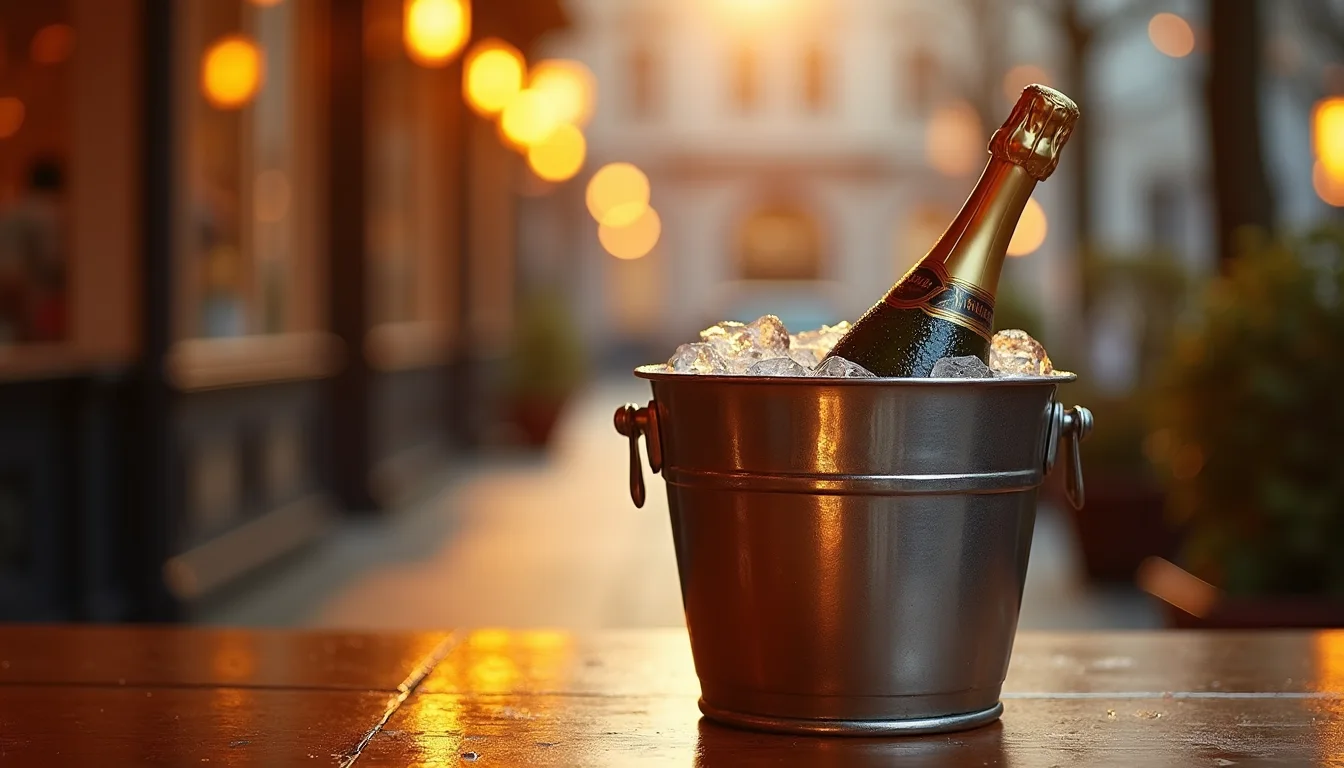 seau à champagne en acier, bouteille sur glace, lueur ambrée a Strasbourg