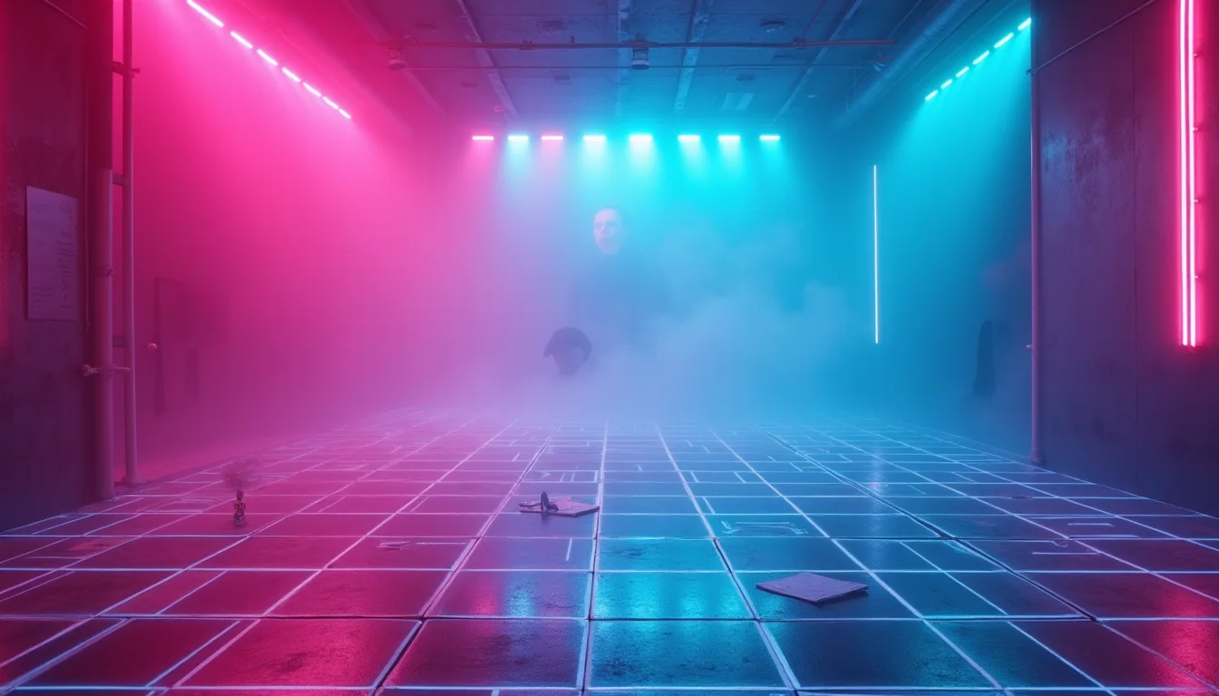 piste de danse au néon, carrés réfléchissants magenta et cyan a Strasbourg
