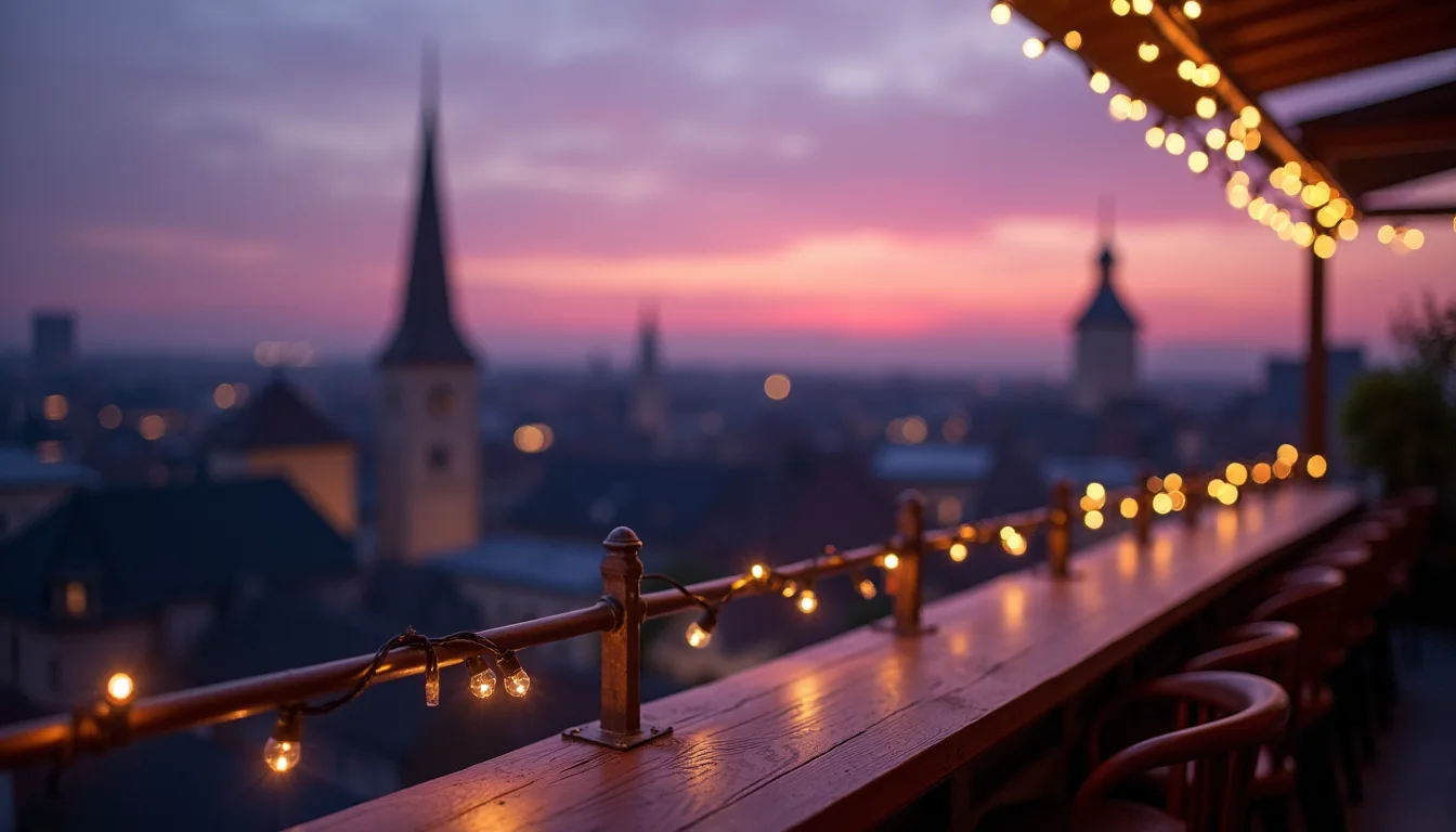 garde-corps de rooftop au crépuscule, guirlandes lumineuses chaudes a Strasbourg