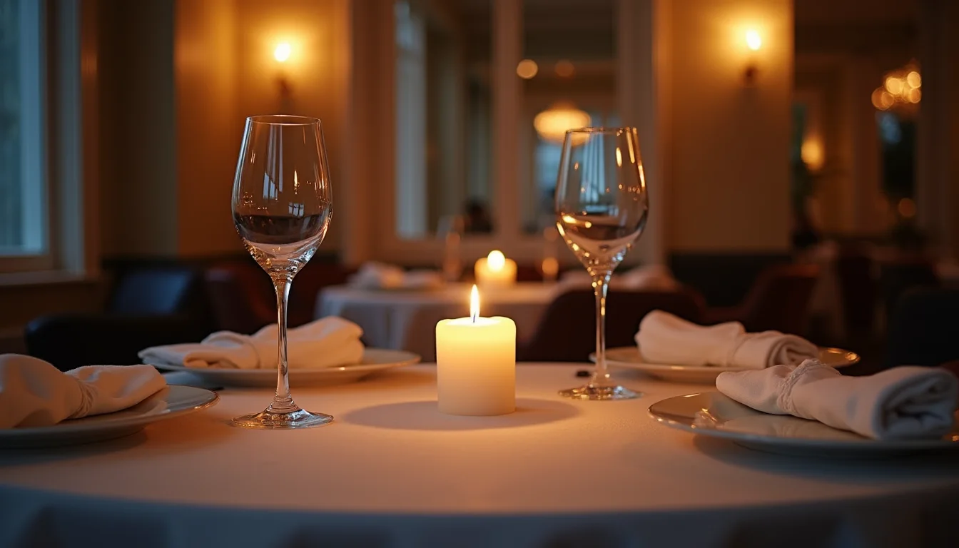 table de dîner aux chandelles dressée pour deux, lumière chaude du soir a Strasbourg